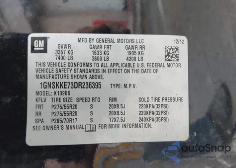 2013 Chevrolet Suburban 1500 Ltz from USA, damaged, VIN 1GNSKKE73DR236395